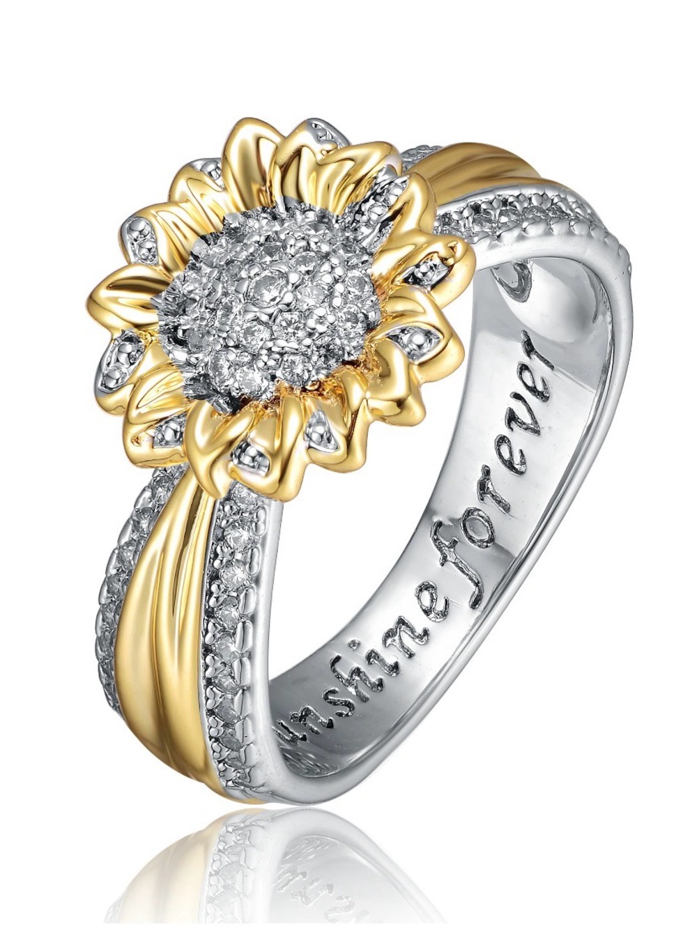 Sunflower Two-Tone Gold & Silver Ring with Pavé Crystals sz 7